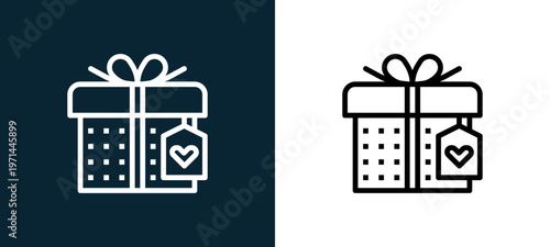 Two-color gift outline icon pair in black and white, editable stroke vector illustration for web, mobile apps, UI design, branding, and print from love