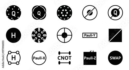 Quantum computing, icon set, black and white, 12 symbols, vector graphics, Pauli-X, Pauli-Y, Pauli-Z, CNOT, quantum physics, swap operation