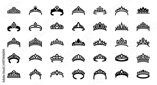 Crown icons, royal crowns, 30 black vector silhouettes, king queen tiaras, jewelry symbols