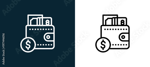 Two-color wallet outline icon pair in black and white, editable stroke vector illustration for web, mobile apps, UI design, branding, and print from finance