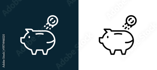Two-color piggy bank outline icon pair in black and white, editable stroke vector illustration for web, mobile apps, UI design, branding, and print from finance