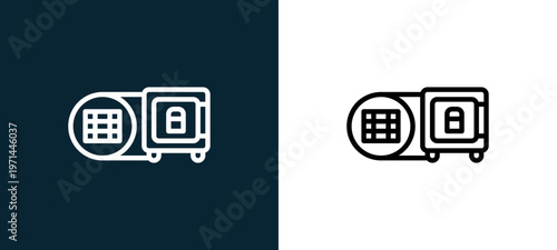 Two-color safe box outline icon pair in black and white, editable stroke vector illustration for web, mobile apps, UI design, branding, and print from finance