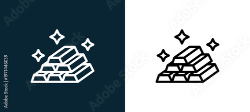 Two-color ingots outline icon pair in black and white, editable stroke vector illustration for web, mobile apps, UI design, branding, and print from finance