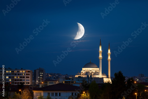Crescent moon shines over city mosque at night
