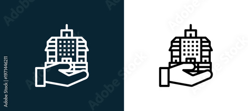 Two-color bank outline icon pair in black and white, editable stroke vector illustration for web, mobile apps, UI design, branding, and print from finance