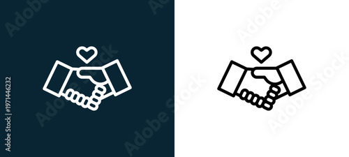 Two-color handshake outline icon pair in black and white, editable stroke vector illustration for web, mobile apps, UI design, branding, and print from finance