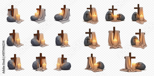 Set of Christian crosses with candles, stones, and draped fabric, symbolizing faith and remembrance.