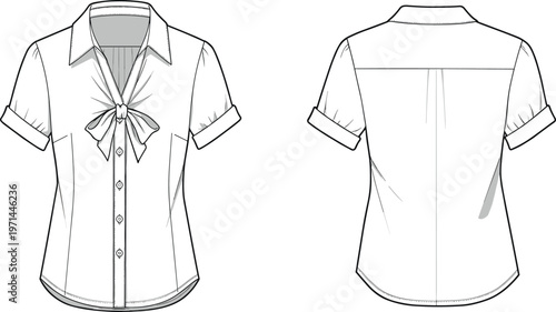 Women short sleeve blouse with bow tie front and button closure, stylish office shirt front and back, cad drawing flat vector illustration