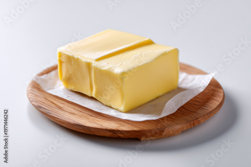 Block of butter on a wooden plate with white paper napkin