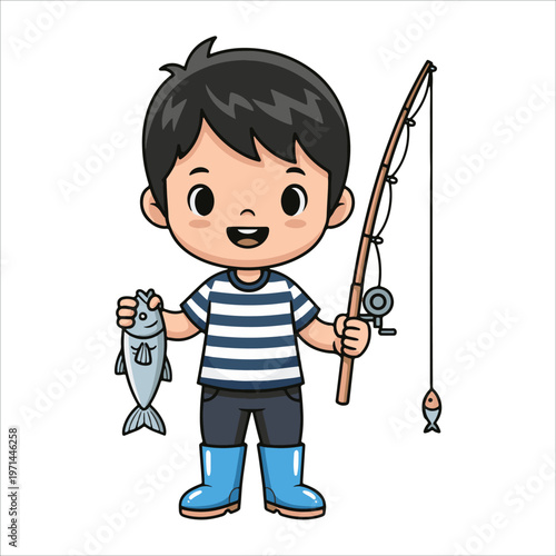 A cheerful cartoon boy proudly holds a freshly caught fish while standing with his fishing rod, ready for more angling adventures vector design