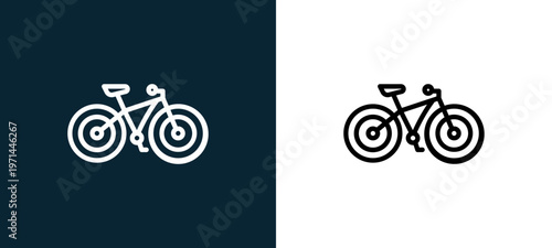 Two-color bicycle outline icon pair in black and white, editable stroke vector illustration for web, mobile apps, UI design, branding, and print from bicycle