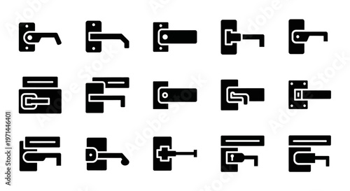Door handle icons, door lock symbols, 15 black and white handles, door hardware illustrations, vector set