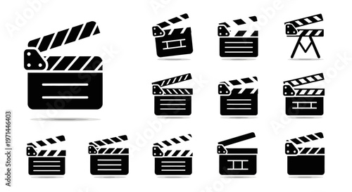 Film clapper board icons, movie clapperboards, video production tools, black and white vector graphics