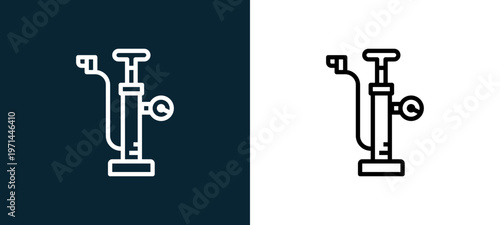 Two-color pump air outline icon pair in black and white, editable stroke vector illustration for web, mobile apps, UI design, branding, and print from bicycle