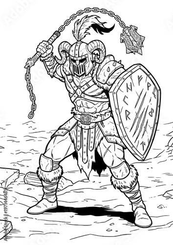 Viking Gladiator Champion Warrior with Chain Flail and Runic Shield – Norse Barbarian Fighter Character Vector Line Art Illustration