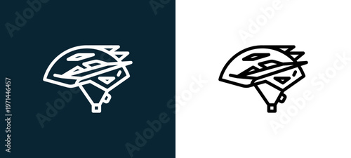 Two-color helmet outline icon pair in black and white, editable stroke vector illustration for web, mobile apps, UI design, branding, and print from bicycle