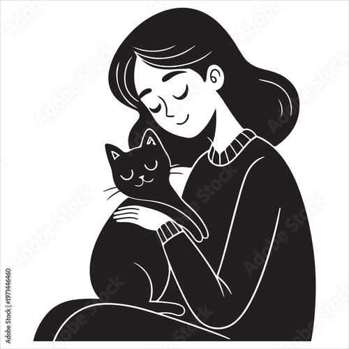 Canvas Print Sylheti vector art illustration of a girl holding and petting a cat