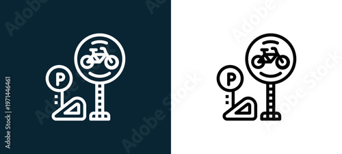 Two-color parking outline icon pair in black and white, editable stroke vector illustration for web, mobile apps, UI design, branding, and print from bicycle