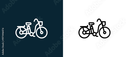 Two-color bicycle outline icon pair in black and white, editable stroke vector illustration for web, mobile apps, UI design, branding, and print from bicycle
