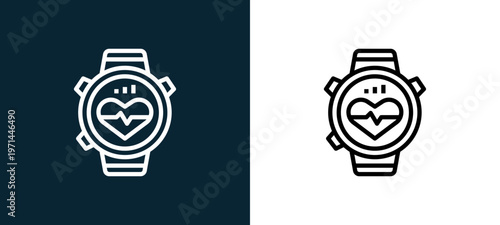 Two-color smartwatch outline icon pair in black and white, editable stroke vector illustration for web, mobile apps, UI design, branding, and print from bicycle