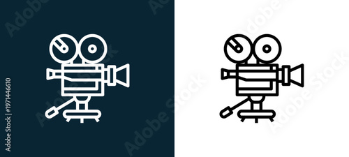 Two-color video camera outline icon pair in black and white, editable stroke vector illustration for web, mobile apps, UI design, branding, and print from photo