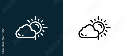 Two-color sunny outline icon pair in black and white, editable stroke vector illustration for web, mobile apps, UI design, branding, and print from photo