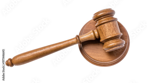 Fotografía Wooden gavel resting on sound block, isolated on transparent background