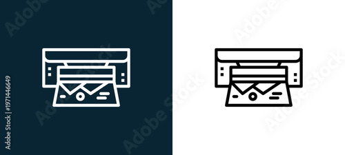 Two-color printer outline icon pair in black and white, editable stroke vector illustration for web, mobile apps, UI design, branding, and print from photo