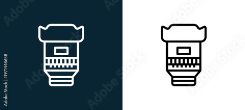 Two-color lens outline icon pair in black and white, editable stroke vector illustration for web, mobile apps, UI design, branding, and print from photo