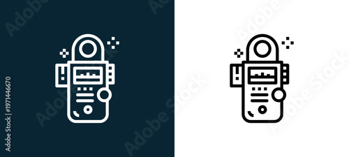Two-color light meter outline icon pair in black and white, editable stroke vector illustration for web, mobile apps, UI design, branding, and print from photo
