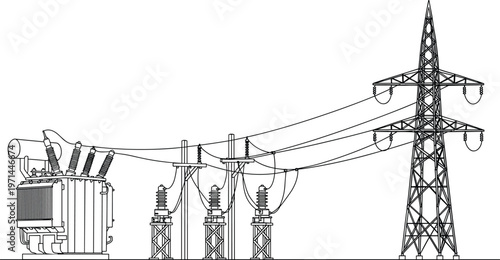 Electrical substation with high voltage transformer, power lines, and transmission tower structure, industrial energy distribution system, cad drawing flat vector illustration