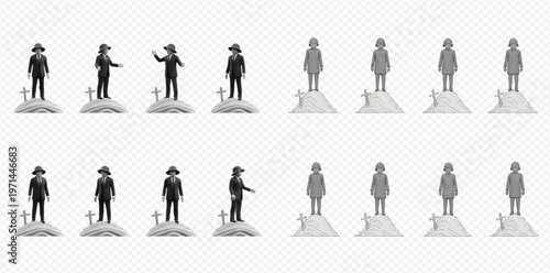 Set of 3D rendered cartoon cowboy and female characters standing on graves with tombstones, isolated on transparent background.