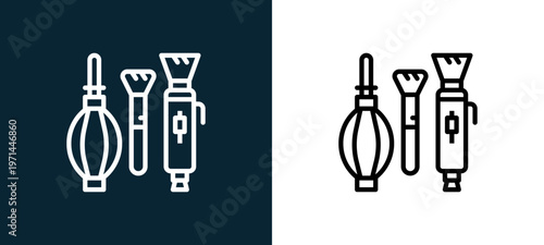Two-color brushes outline icon pair in black and white, editable stroke vector illustration for web, mobile apps, UI design, branding, and print from photo