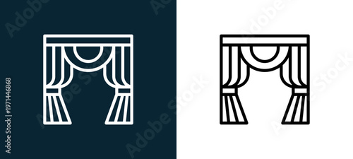 Two-color curtains outline icon pair in black and white, editable stroke vector illustration for web, mobile apps, UI design, branding, and print from furnitures