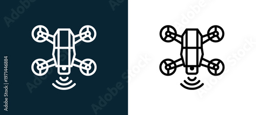 Two-color drone outline icon pair in black and white, editable stroke vector illustration for web, mobile apps, UI design, branding, and print from photo