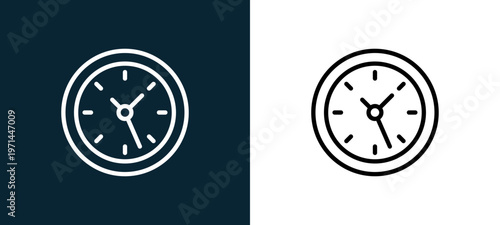 Two-color clock outline icon pair in black and white, editable stroke vector illustration for web, mobile apps, UI design, branding, and print from furnitures