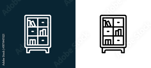 Two-color cabinet outline icon pair in black and white, editable stroke vector illustration for web, mobile apps, UI design, branding, and print from furnitures
