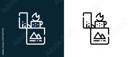 Two-color lighter outline icon pair in black and white, editable stroke vector illustration for web, mobile apps, UI design, branding, and print from camping