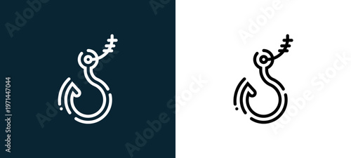 Two-color hook outline icon pair in black and white, editable stroke vector illustration for web, mobile apps, UI design, branding, and print from camping