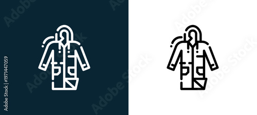 Two-color raincoat outline icon pair in black and white, editable stroke vector illustration for web, mobile apps, UI design, branding, and print from camping