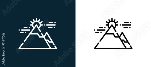 Two-color mountain outline icon pair in black and white, editable stroke vector illustration for web, mobile apps, UI design, branding, and print from camping