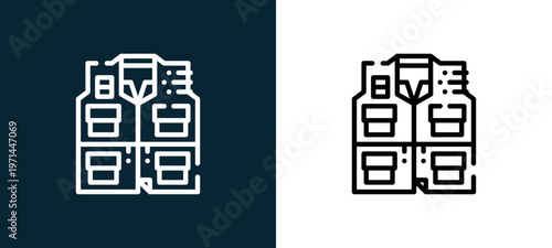 Two-color fishing vest outline icon pair in black and white, editable stroke vector illustration for web, mobile apps, UI design, branding, and print from camping