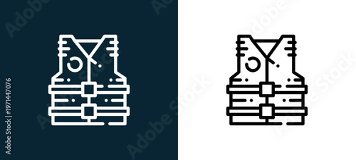 Two-color lifejacket outline icon pair in black and white, editable stroke vector illustration for web, mobile apps, UI design, branding, and print from camping