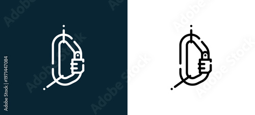 Two-color carabiner outline icon pair in black and white, editable stroke vector illustration for web, mobile apps, UI design, branding, and print from camping