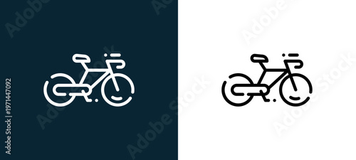 Two-color bicycle outline icon pair in black and white, editable stroke vector illustration for web, mobile apps, UI design, branding, and print from camping