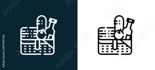 Two-color picnic basket outline icon pair in black and white, editable stroke vector illustration for web, mobile apps, UI design, branding, and print from camping