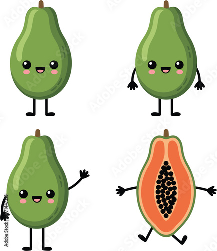 Cute papaya characters set, kawaii fruit mascots vector illustration isolated cartoon healthy food design