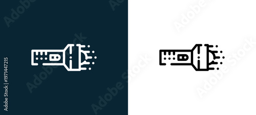 Two-color flashlight outline icon pair in black and white, editable stroke vector illustration for web, mobile apps, UI design, branding, and print from camping