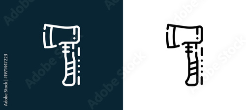 Two-color hatchet outline icon pair in black and white, editable stroke vector illustration for web, mobile apps, UI design, branding, and print from camping