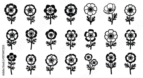 Collection of simple black and white vector illustrations of anemone flowers with delicate stems and leaves